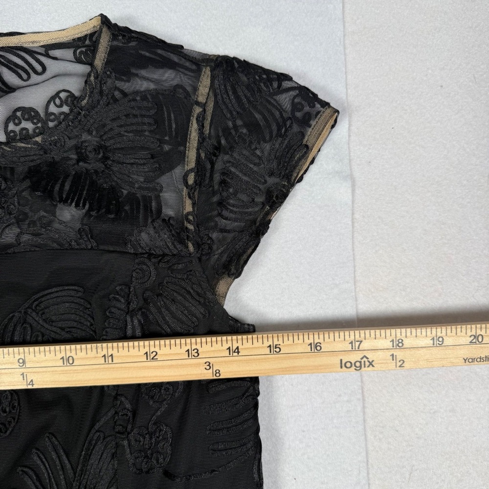 Halston Black Floral Embroidered Mesh Ruffle Hem Cocktail Dress Size 4 Cap - Picture 4 of 8